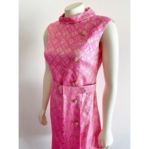Richard Kaplan 1960s Pink Gold Metallic Thread Belted Vintage Shift Dress Sz 10 - Picture 7 of 16